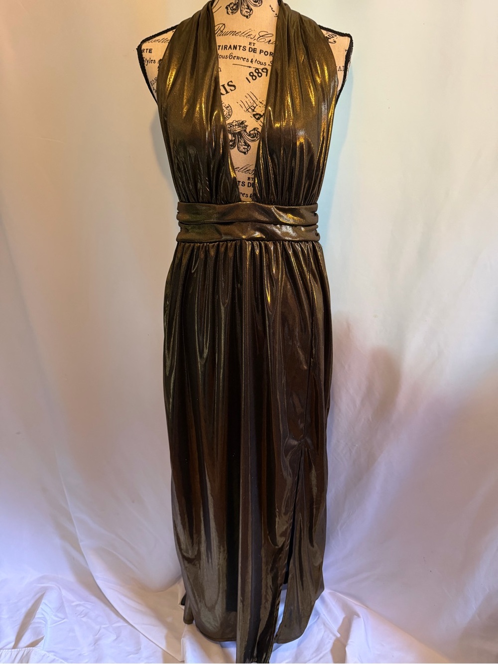 One-Shoulder Metallic Olive Green Evening Maxi Dress